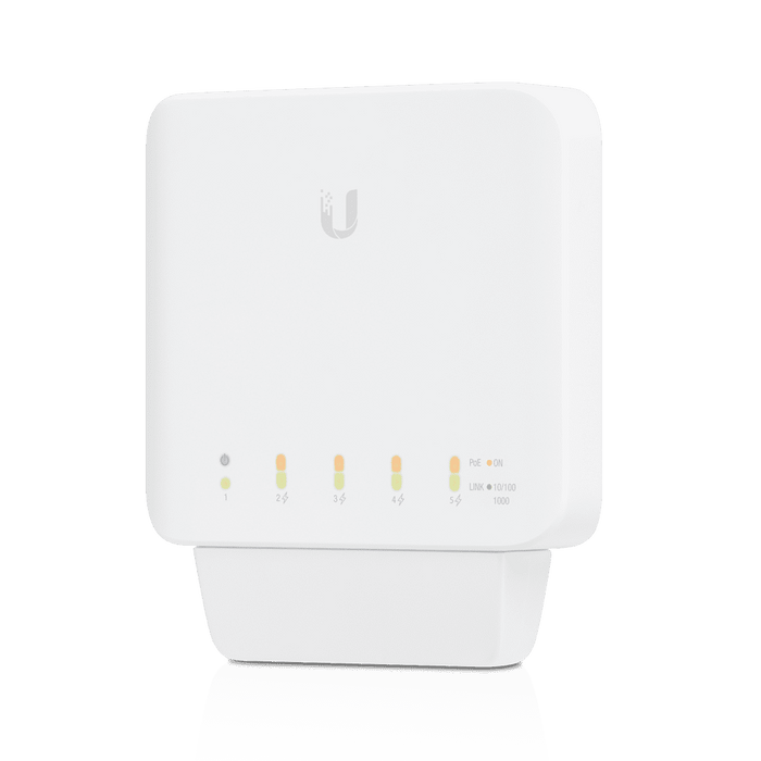 UBIQUITI USW-FLEX Switch UniFi para exterior IP55 de 5 puertos 10/100/1000, con 1 puerto PoE de entrada 802.3af/at/bt y 4 puertos PoE de salida 802.3af. Compatible con Inyector PoE-50-60W y UTP7201GE-PSE60. No incluye inyector PoE.