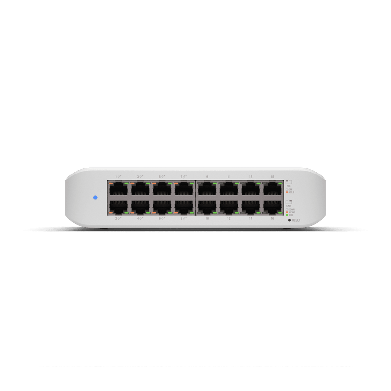 UBIQUITI USW-LITE-16-POE - Switch UniFi Lite, PoE administrable, con 16 puertos 10/100/1000 Mbps y 8 puertos 802.3af/at, con un presupuesto PoE de 45W