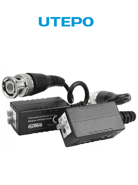 UTEPO UTP101PHD4B - Par de transceptores pasivos (Video Baluns) soporta 4MP a 200m, 1080p a 250m, 720p a 300m en CVI. Compatible con HDCVI, TVI, AHD y CVBS. Incluye 2 terminales Push para fácil conexión