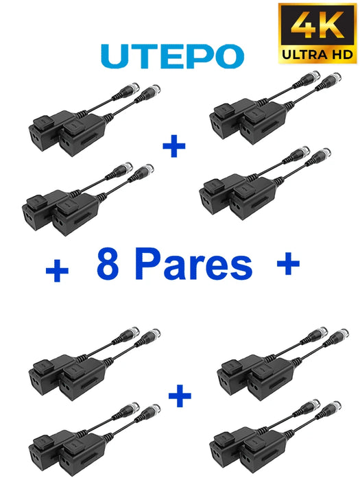 UTEPO UTP101PHD6PAK8 - 8 pares de transceptores pasivos HD, diseño para empalmes ordenados, distancias CVI: 720p a 300m, 1080p a 250m, 4MP a 200m, 4K a 150m