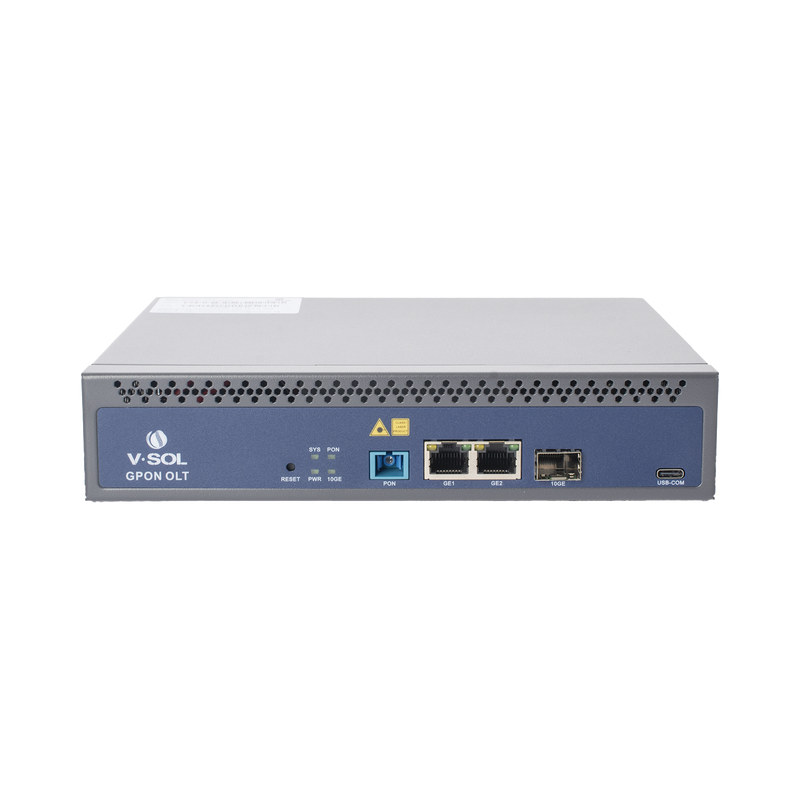 V1600-GS OLT de 1 puerto GPON SC/UPC + 3 puertos Uplink (2 puertos Gigabit Ethernet + 1 puerto SFP/SFP+), Fuente de alimentación redundante AC/DC , hasta 128 ONUS