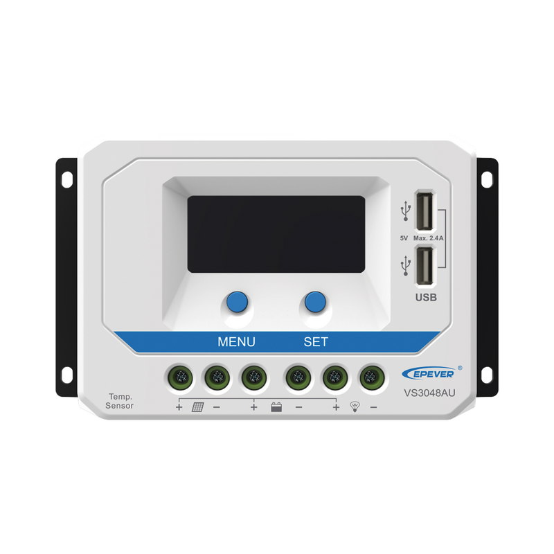 VS-3048-AU Controlador Solar de Carga PWM 12/24/36/48 V 30 A, Salida USB, con Display