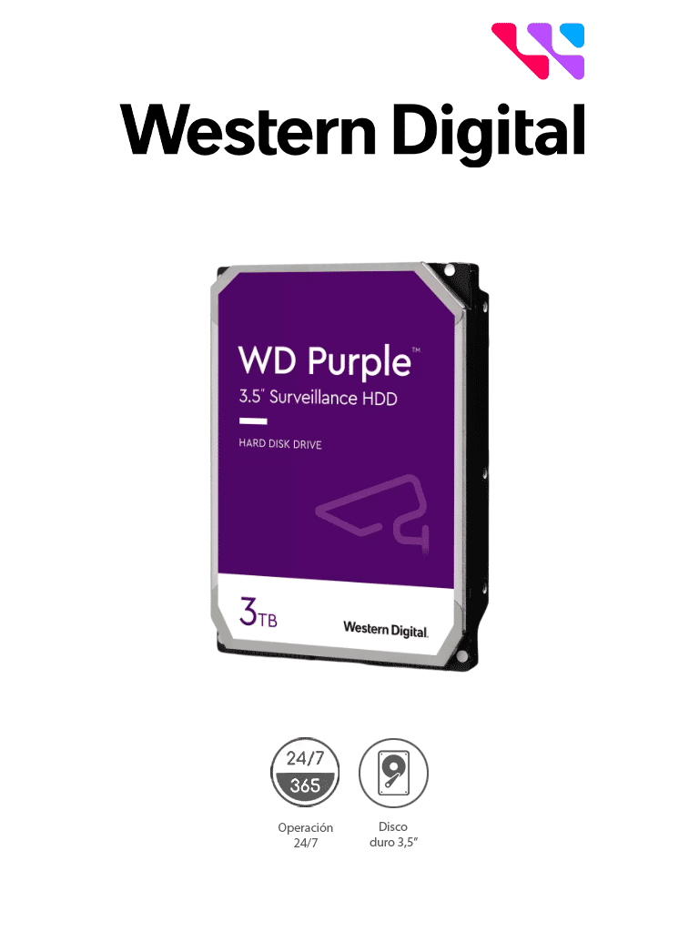 WESTERN WD34PURZ - Disco Duro de 3TB Purple/ Especial para Videovigilancia/ Trabajo 24/7/ Interface: Sata 6 Gb/s/ Hasta 64 Cámaras/ Hasta 16 Bahías de Discos Duros/ 3 Años de Garantía / 6Gb/s