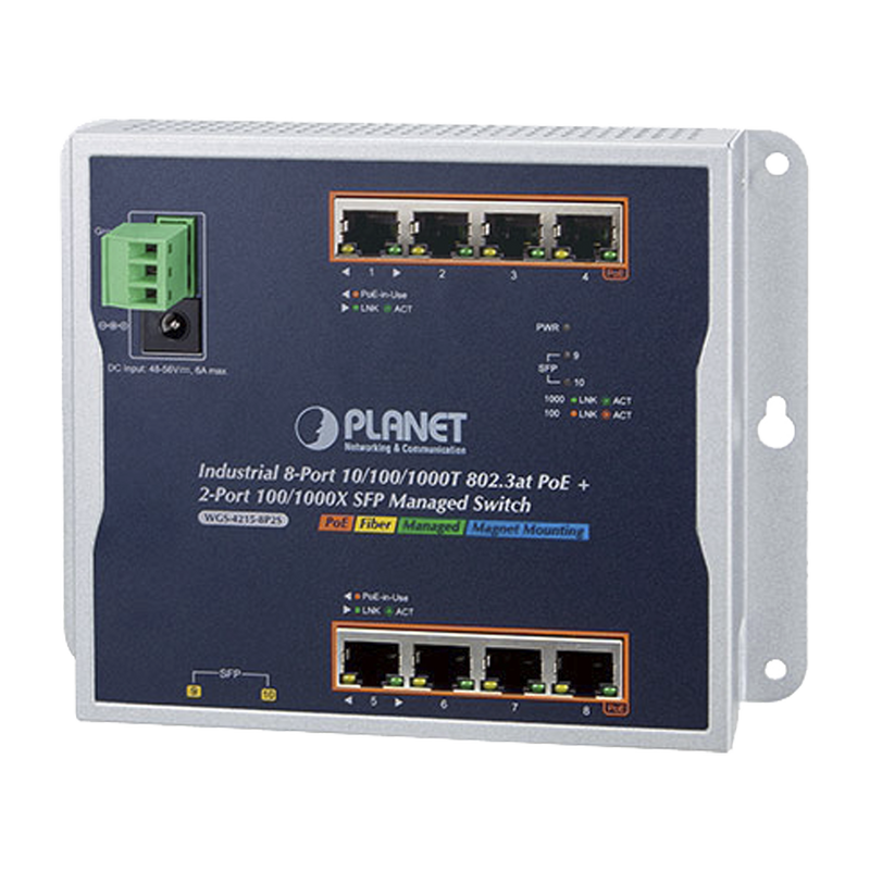 WGS-4215-8P2S Switch Industrial PoE Administrable de Pared Capa 2, 8 Puertos Gigabit PoE 802.3at y 2 Puertos 100/1000X SFP