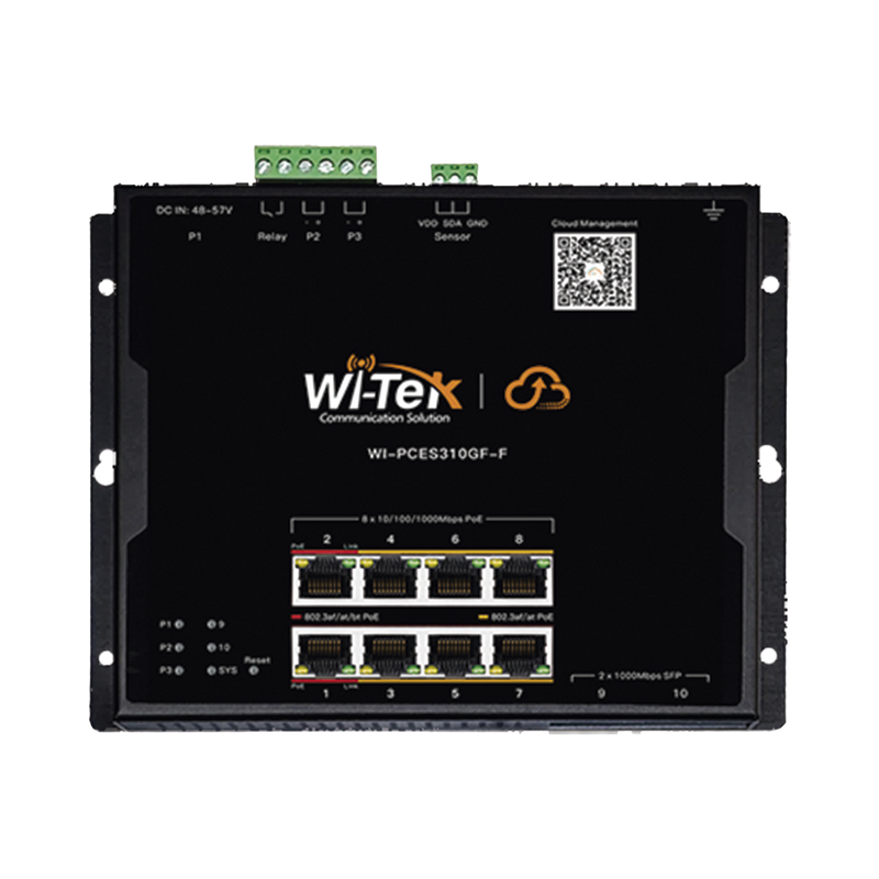 WI-PCES310GF-F Switch L2 PoE Industrial / Administración Cloud Gratuita / 8 Puertos PoE af/at/bt 10/100/1000 Mbps / 2 Puertos SFP Gigabit / Máx Presupuesto PoE 145 W / Montaje Magnético - Riel DIN.
