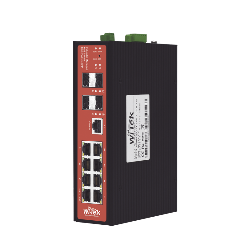 WI-PMS312GF-I Switch Industrial 8 puertos / Administrable PoE / Puerto 1-2 PoE 24V/48V /  Puertos 3-8 puertos 802.3 af/at/bt / Presupuesto máx 240 W