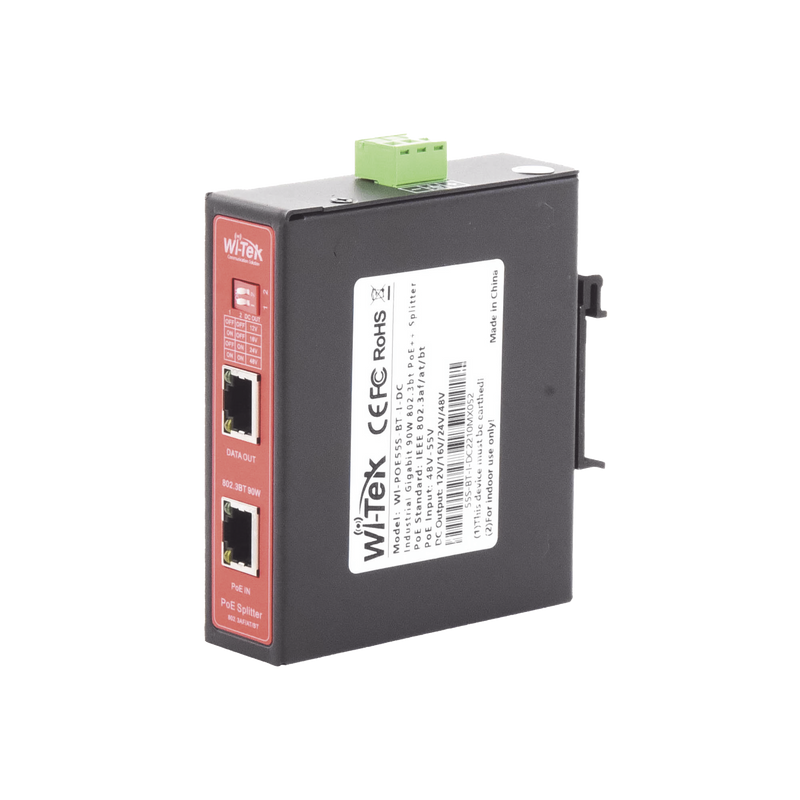 WIPOE55SBTIDC Splitter PoE IN hasta 90 W / Salida DC 12v/16V/24v o 48V / Carcasa metálica / Industrial soporte para riel DIN / Aplicaciones CCTV