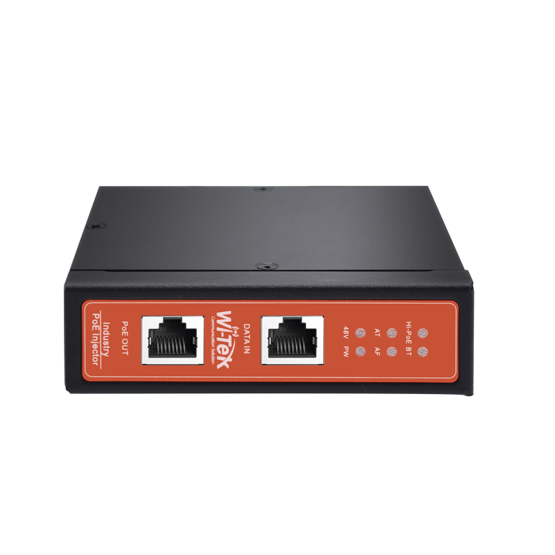 WIPOE58BTIDC Inyector PoE Industrial / DC entrada 12-57V / PoE salida de Hasta 90W / Carcasa de Metal / Riel DIN / Aplicaciones CCTV