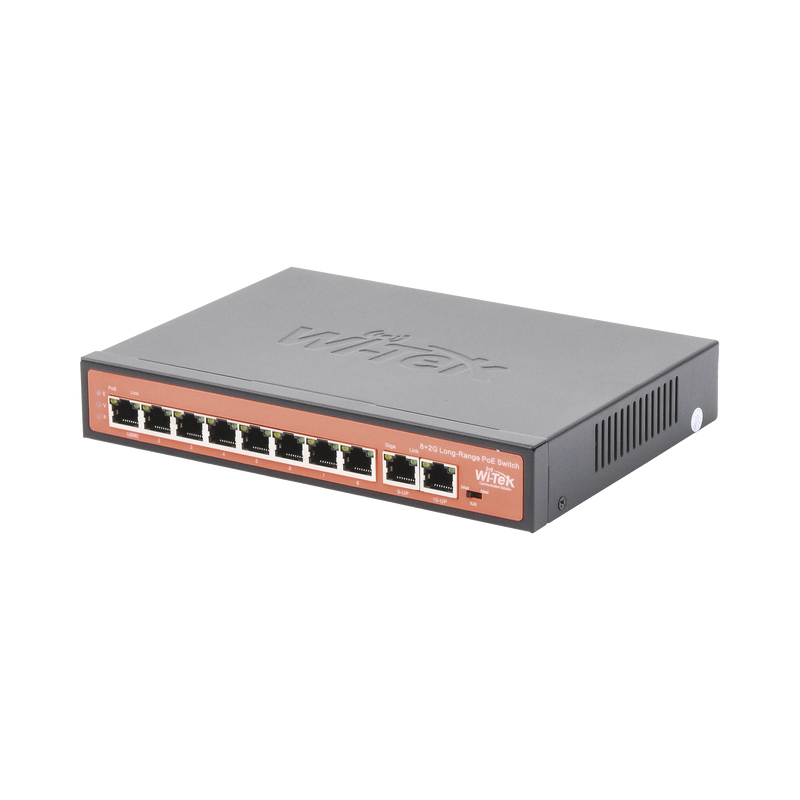 WI-PS210G Switch PoE No administrable / PoE de Largo Alcance Hasta 250m / 8 Puertos PoE 10/100Mbps (Puerto 1 Hasta 60W, Puertos 2 al 8 Hasta 30W) + 2 Puertos Gigabit Uplink / Presupuesto 120 W / Plug and Play