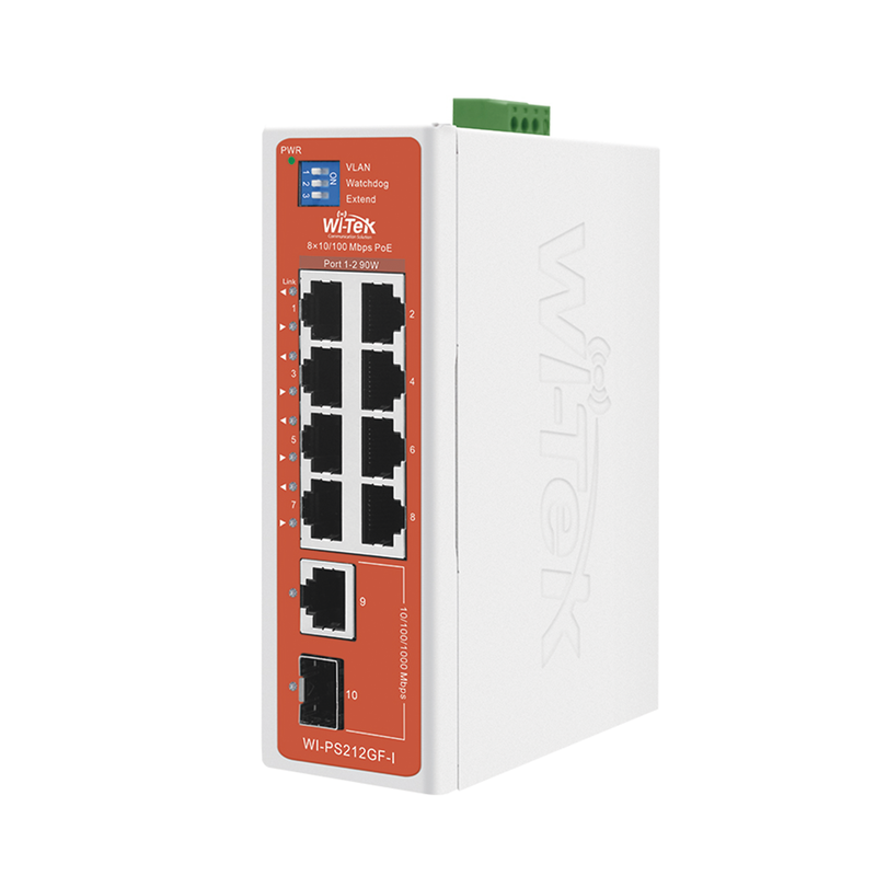 WI-PS212GF-I-V2 Switch Semi-Industrial / No administrable / 8 puertos 10/100 PoE af/at/bt / 1 puerto Gigabit RJ45 Uplink / 1 puerto SFP Uplink / Presupuesto PoE 110 Watts /