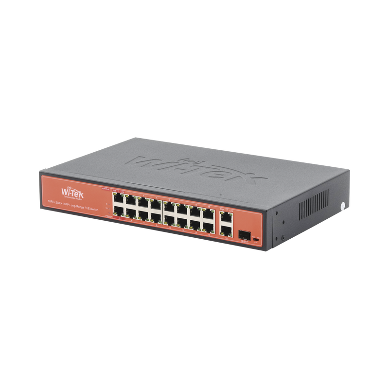 WI-PS518G Switch PoE (802.3af/at/bt) / No administrable de largo alcance / Hasta 250m / 16 x 10/100Mbps (PoE) + 2 x 100/1000Mbps + 1 x SFP / 200 W