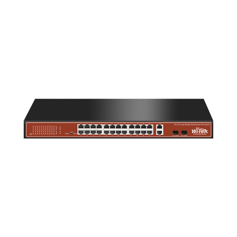 WI-PS526G Switch PoE (802.3af/at/bt) / No administrable de largo alcance / Hasta 250m / Con 24 x 10/100Mbps + 2 x SFP Gigabit Combo / 250 W