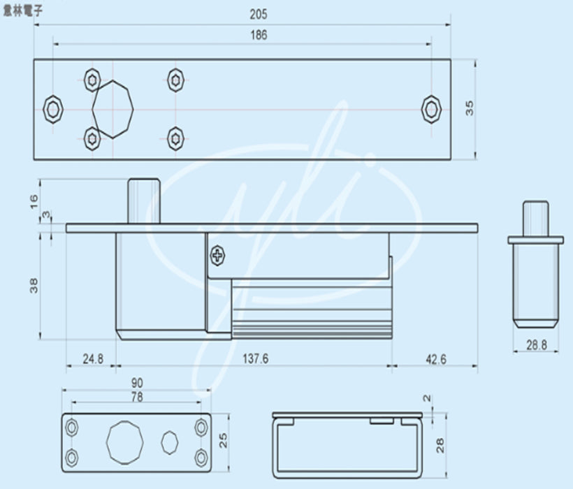 YLI YB300PACK - Paquete de cerradura de perno para control de acceso de puertas con retardo configurable de 3, 6 y 9 segundos incluye soporte de instalacion modelo YM600/ Voltaje dual 12 o 24 VDC