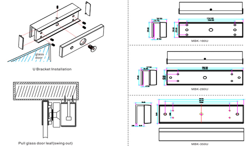 YLI MBK180U - Soporte en U para Puertas de Vidrio Sin Marco / Compatible con Cerradura Magnética YM180NLED