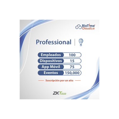 LICENCIA PROFESSIONAL BIOTIME CLOUD 2.0  / 100 USUARIOS / 15 DISPOSITIVOS (Licencia Anual)