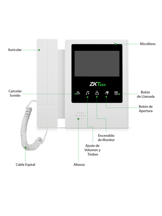 ZKTECO VDP04B4 Kit - Kit de Videoportero Analógico / Monitor de 4.3 Pulgadas / Frente de Calle con cámara de 1 MP / Ángulo de Visión 80° / Conexión hasta 4 monitores