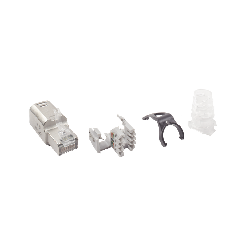 ZP1-6AS-01S Plug RJ45 Cat6A Blindado, Terminación en Campo, Compatible con Todas las Categorías, Con Clip Protector de Seguro