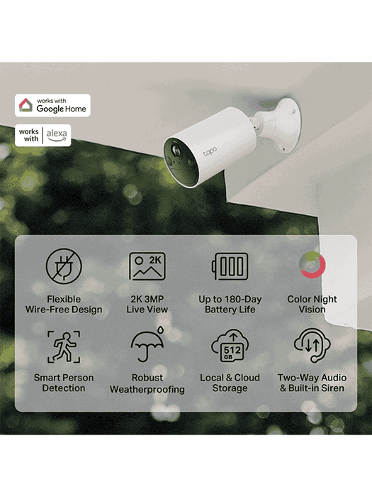 TP-LINK TAPO C410 Cámara de Seguridad Inteligente Exterior 3MP-2K, Soporta Micro SD 512 GB, Visión nocturna a color, Identifica personas, IP65. Soporta Tapo Care (Nube) Bateria con funcionamiento de 180 días.  ( Compatible Celda TPL0150028 / TAPO A201)