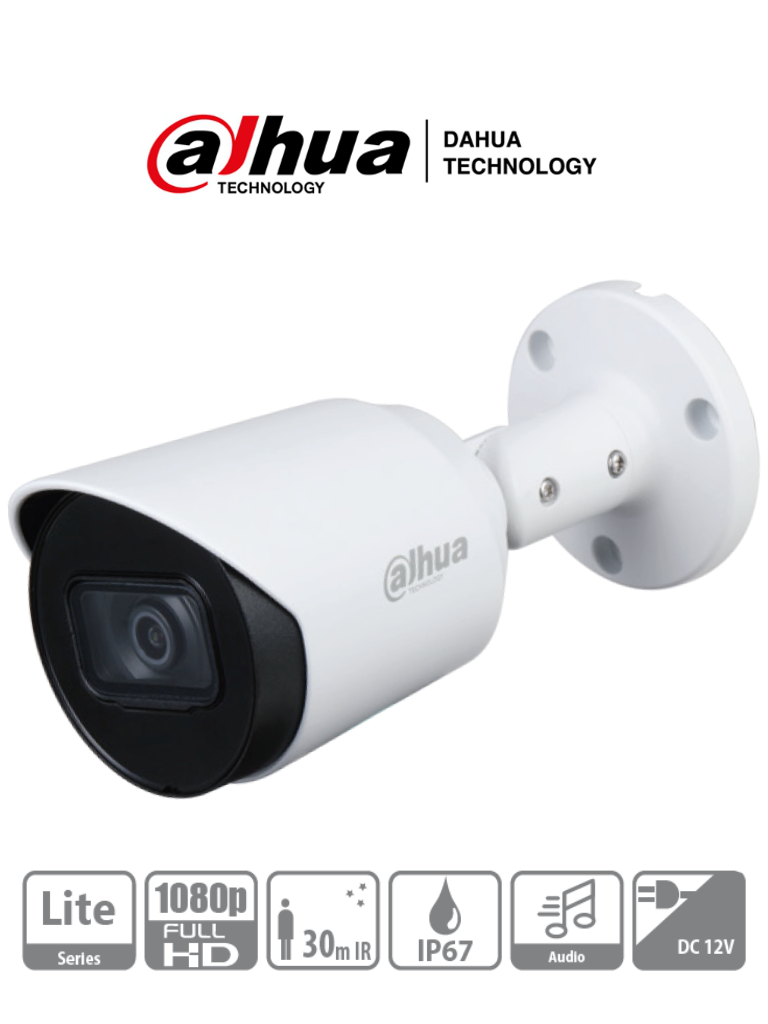 DAHUA HAC-HFW1200T-A - Cámara Bullet de 2 Megapixeles con micrófono integrado, lente 2.8 mm, ángulo de visión de 103°, IR 30 m, IP67, metálica, DWDR, BLC, HLC. Ideal para vigilancia con alta definición y resistencia en exteriores.