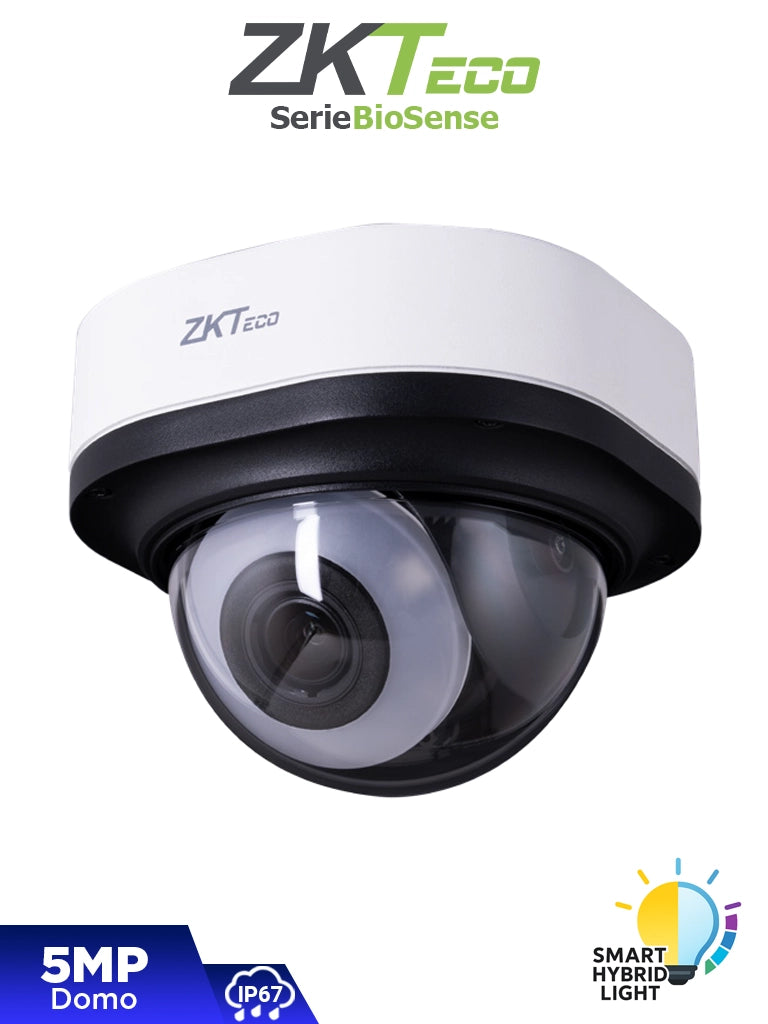 ZKTECO DL-855P38B-S8-S-FHL - Cámara IP Domo Híbrida Inteligente de 5 MP, Serie BioSense, Lente Motorizado 2.8–12 mm, Video Analítico IVA, Visión nocturna híbrida: IR 50 m / Luz blanca 30 m, MicroSD 256 GB, PoE, IP67, IK10 y Carcasa Metálica