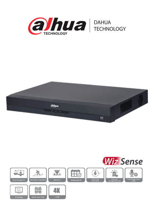 DAHUA XVR5216A-4KL-I3 - DVR de 16 Canales 4k/ WizSense/ H.265+/ 16 Canales + 16 IP/ Hasta 32 Ch IP/ 2 Ch de Reconocimiento Facial/ SDM Plus/ Protección Perimetral/ 2 SATA de hasta 10TB/ 16&3 E&S de Alarmas/ 4 Canales de Audio/ IoT/ POS/