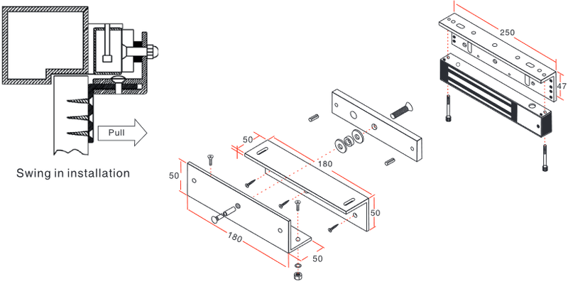 YLI YM350WSPAK - Paquete con chapa de 350 kg/800 Lb para uso en exteriores o interiores IP68 uso en puertas de metal, vidrio o madera incluye soporte de fijación ZL