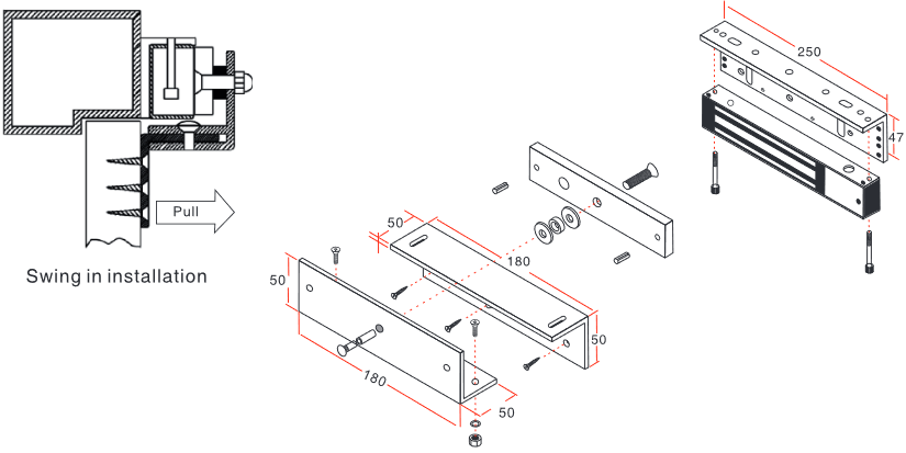 YLI YM350WSPAK - Paquete con chapa de 350 kg/800 Lb para uso en exteriores o interiores IP68 uso en puertas de metal, vidrio o madera incluye soporte de fijación ZL