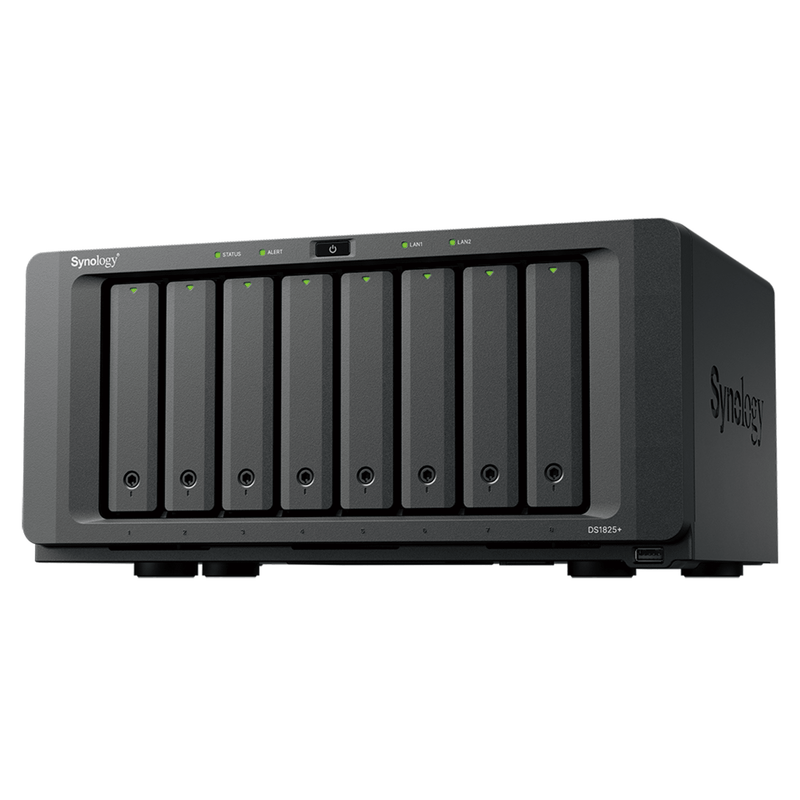 NAS DiskStation DS1825+ | 8 Bahías | AMD Ryzen V1500B | 8 GB DDR4 ECC | Hasta 2,239 MB/s Lectura | 2 Puertos 2.5GbE | Expansión PCIe 3.0 | Compatible con 10GbE y 25GbE | Caché SSD M.2 | Synology DSM.