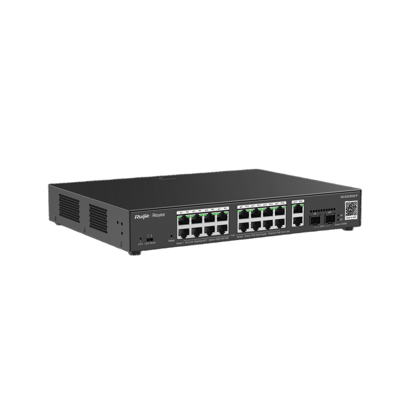 RG-ES220GS-P Switch L2 Administrable PoE con 16 puertos Gigabit PoE 802.3af/at + 2 SFP para fibra 1Gb, gestión gratuita desde la nube, 240w