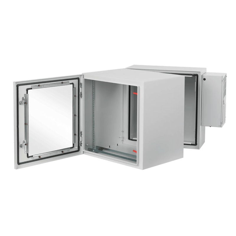 Gabinete Industrial ProTek de Puerta con Ventana, Con Aire Acondicionado de 800 BTU, Protección NEMA Tipo 4/12; IP66; IK10, Abatible, Fabricado en Acero, 19 UR, Color Gris Claro