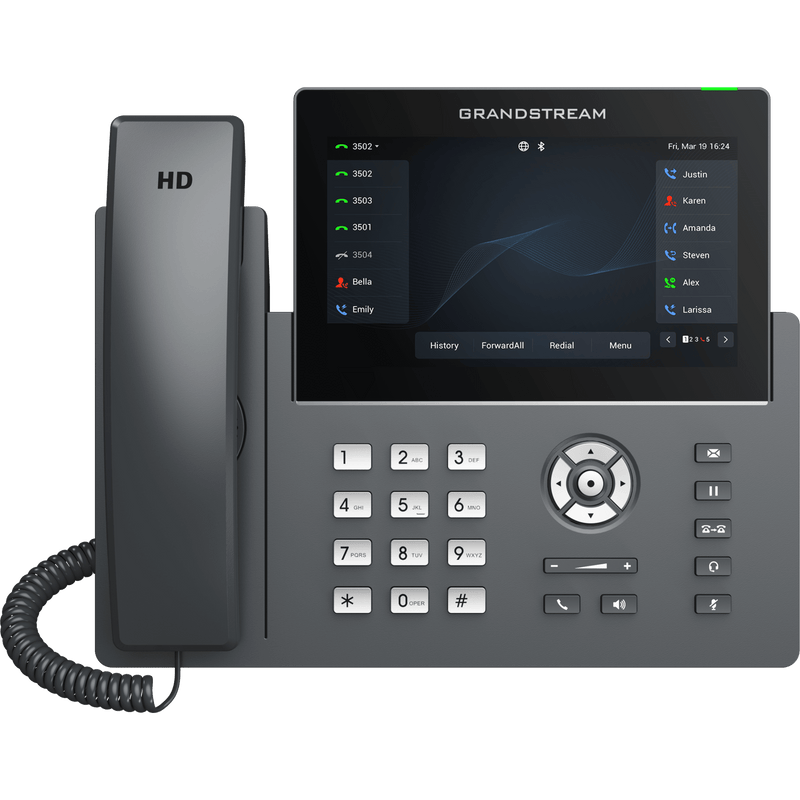 Teléfono IP Wi-Fi, Grado Operador, 12 líneas SIP con 6 cuentas, pantalla táctil  7, puertos Gigabit, Bluetooth, PoE, codec Opus, IPV4/IPV6 con gestión en la nube GDMS