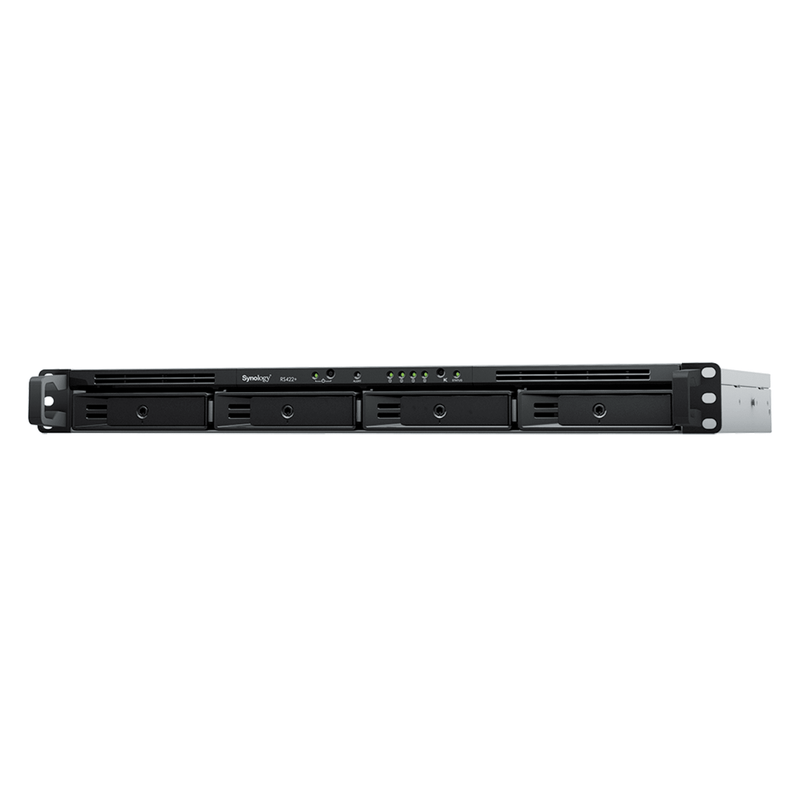NAS RackStation RS822+ | 4 Bahías | 1U | AMD Ryzen V1500B | 32 GB DDR4 ECC | 4 Puertos 1GbE | Expansión PCIe | Compatible con SSD NVMe | Sistema Operativo Synology DSM.