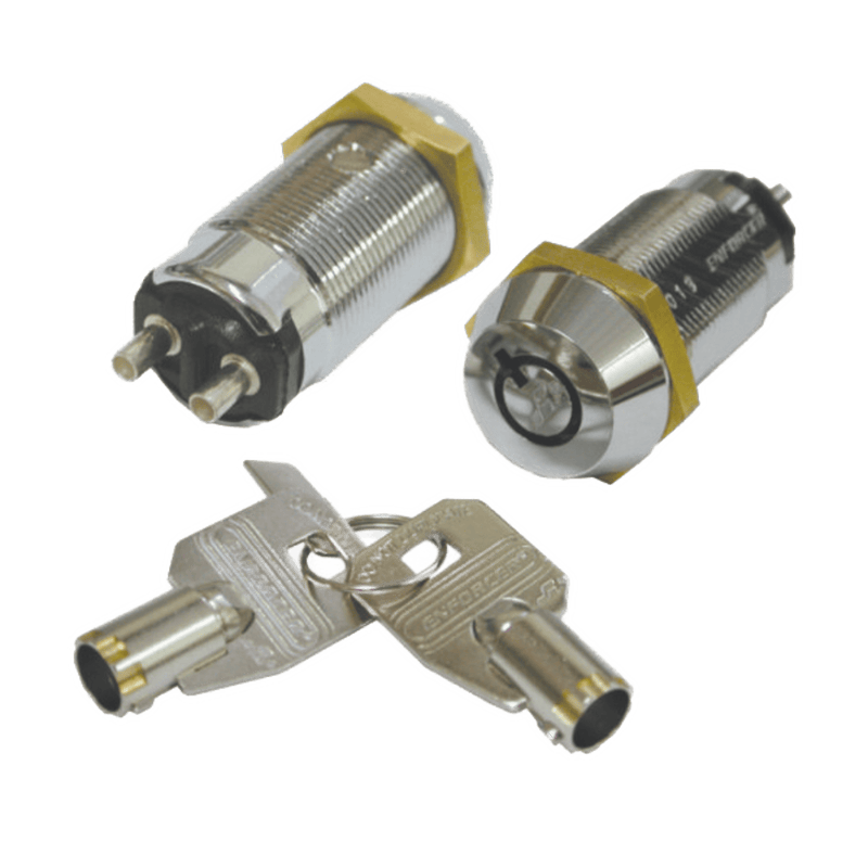 Interruptor de Llave Tubular / Diseño See-SawAnti retorcimiento / Carcasa de Aleación de Zinc Cromado / Contactos Plateados con Tratamiento Anti-Sulfuración / Base de Bachelita / Terminales Redondos / 2A@12VDC