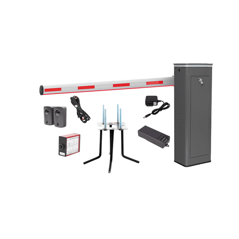 Kit COMPLETO Barrera Izquierda XBF Con Corona LED / Brazo Iluminado de 3M / Incluye Sensor de Masa, Transformador, Lazo Magnético, Ancla, Fotoceldas y 2 Controles Inalámbricos