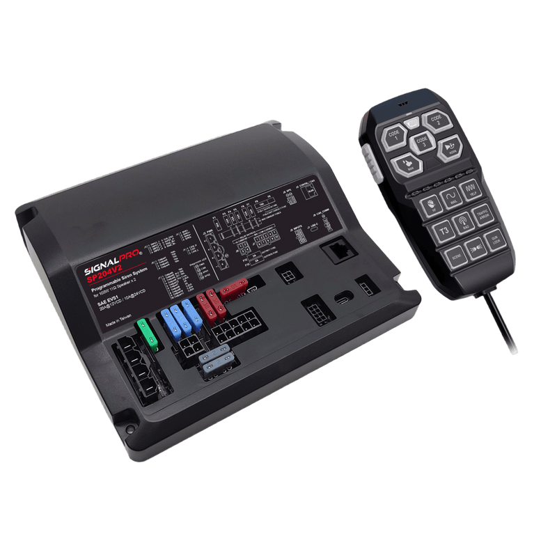 Sirena Vehicular de 200W de Potencia, Programable, Con Controlador Unimando de 15 Botones Para Control de Tonos, 12 Salidas Auxiliares y Micrófono