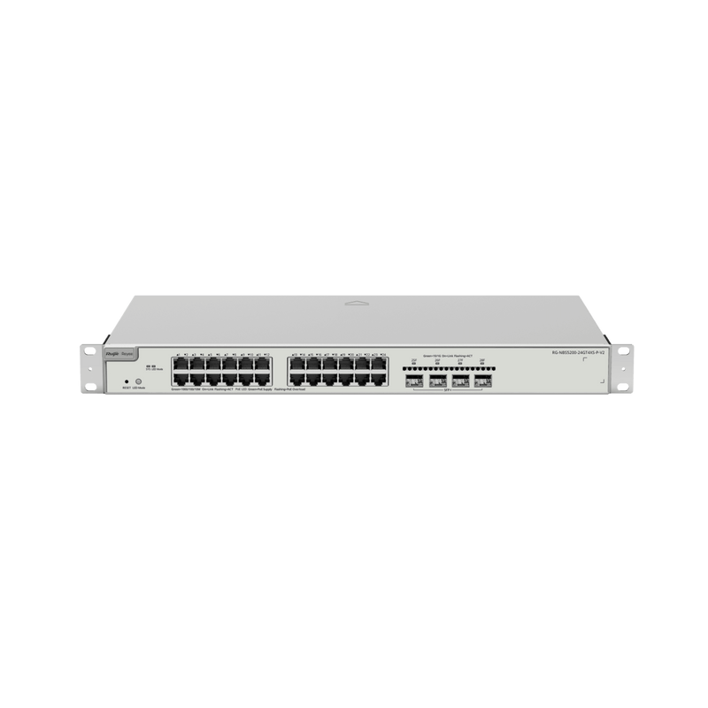 RG-NBS5200-24GT4XS-P-V2 Switch Administrable Capa 3 con 24 puertos Gigabit PoE 802.3af/at + 4 SFP+ para fibra 10Gb, gestión gratuita desde la nube, 370w