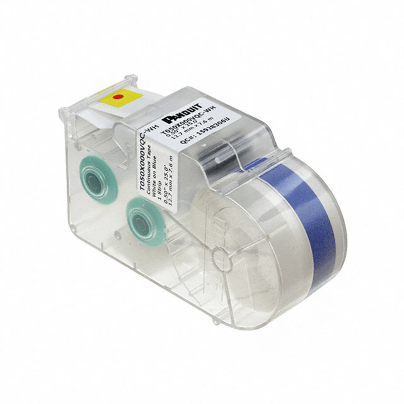 T050X000VQC-WH Casete de Etiquetas de Poliéster de Cinta Continua, Color Blanco Sobre Azul, 12.7mm de Ancho x 7.6 metros de largo.