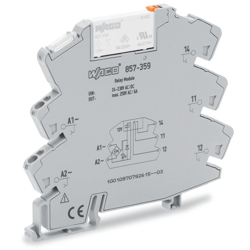 Módulo con Relé WAGO 857-359 / 24V ... 230V AC/DC / Corriente Permanente Límite 6 A / Un Inversor / Indicador de Estado Amarillo / Montaje en Carril DIN-35 / Aislamiento Reforzado