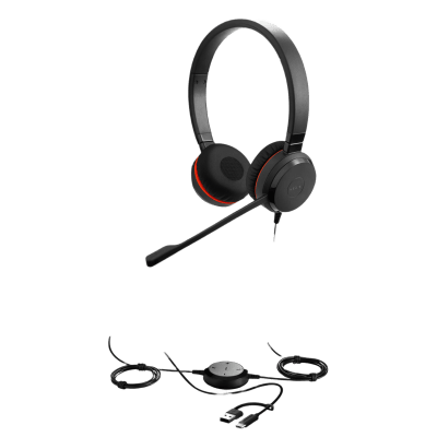 Jabra Evolve 30 II Duo MS con conexión USB C/A y 3.5mm, micrófono con cancelación de ruido y controlador en el cable con botones e indicadores LED (5399-823-309)