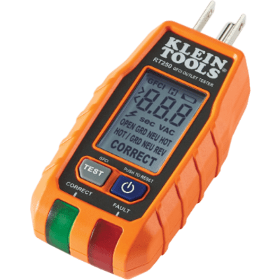 Probador de Tomacorrientes con Interruptor de Falla a Tierra (GFCI) con pantalla LCD.