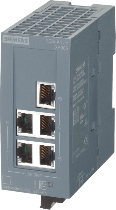 Switch Industrial Ethernet SCALANCE XB005 / 5 Puertos 10/100 Mbit/s / No Gestionado / IP20 / 24V AC/DC / Montaje DIN Rail / PROFINET Clase A / PRP / ATEX IECEx ULhazloc
