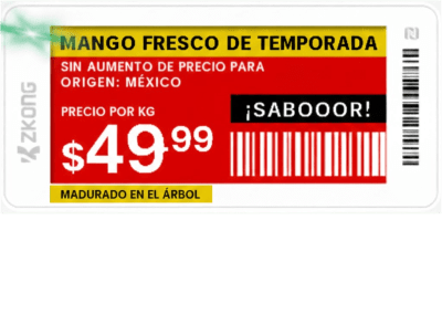 Etiqueta de Estantería Electrónica ESL ZKE21B / Pantalla EPD 2.13 Pulgadas / Resolución 122x250 Píxeles / 4 Colores (Negro Blanco Rojo Amarillo) / BLE 5.0 con Encriptación AES-128 / Batería 5 Años / NFC / C - Toer