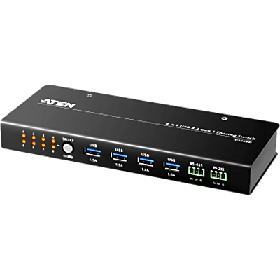 Conmutador de Uso Compartido USB 3.2 Gen 1 Industrial | 8 Puertos para Computadoras | 4 Puertos para Dispositivos | 5 Gbps | Selección por Botón, RS-232/485 o Remoto | Power on Detection | Carcasa de Metal | Montaje en Pared