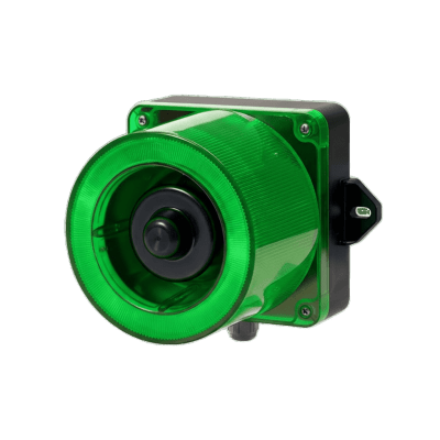 Combinación de baliza LED color Verde y sirena electrónica de 31 tonos resistente a la intemperie de volumen máx. 123 dB a 110-220 VCA