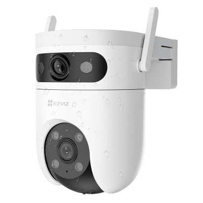 Cámara IP WiFi 6 (2.4 GHz y 5 GHz) PT Dual-Lente  / 2K (3mp + 3mp) / Visión Nocturna Color Hasta 40m / Detección IA Humano-Vehículo / Seguimiento Automático / Defensa Activa con Sirena y Luz Estroboscópica / Almac