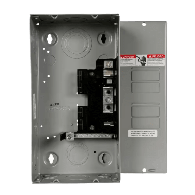 Centro de carga monofásico para empotrar. 1 Fase, 3 Hilos para interruptores QT, de 4 polos - 8 Circuitos, 120/240vca, Barras de aluminio 125 Amp, Nema 1.
