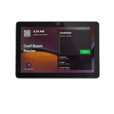 Panel de Programación de Salas / Pantalla Táctil 10.1" / Resolución 1920x1200 / Android 13 / PoE IEEE 802.3af / Wi-Fi 802.11ac / Bluetooth 5.2 / Certificado Microsoft Teams y Zoom Rooms / Barras LED de Disponibilidad / Montaje Fl