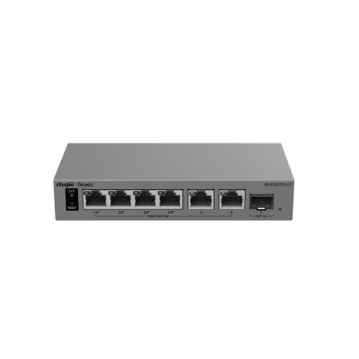 Switch Layer 2 Smart Cloud Managed / 7 Puertos Gigabit / 4 Puertos PoE+ 54 W / 1 Puerto SFP Uplink / 14 Gbps Switching Capacity / Diseño Sin Ventilador / Protección 6 kV / Ruijie Cloud / CCTV Mode
