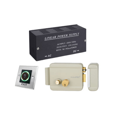 Kit Control de Acceso / Fuente Alimentación 36W 13.2VCD / Cerradura Eléctrica Derecha / Botón IR 5-15 cm / Acero Inoxidable / Indicadores LED / Relevador NO-NC-COM