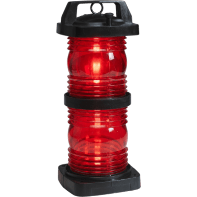 Luz Doble Lente Color Rojo / Visibilidad 360° / Alcance 3 Millas Náuticas / Policarbonato Negro Relleno de Fibra / Zócalo Prefocalizado Mediano Pre-Cableado